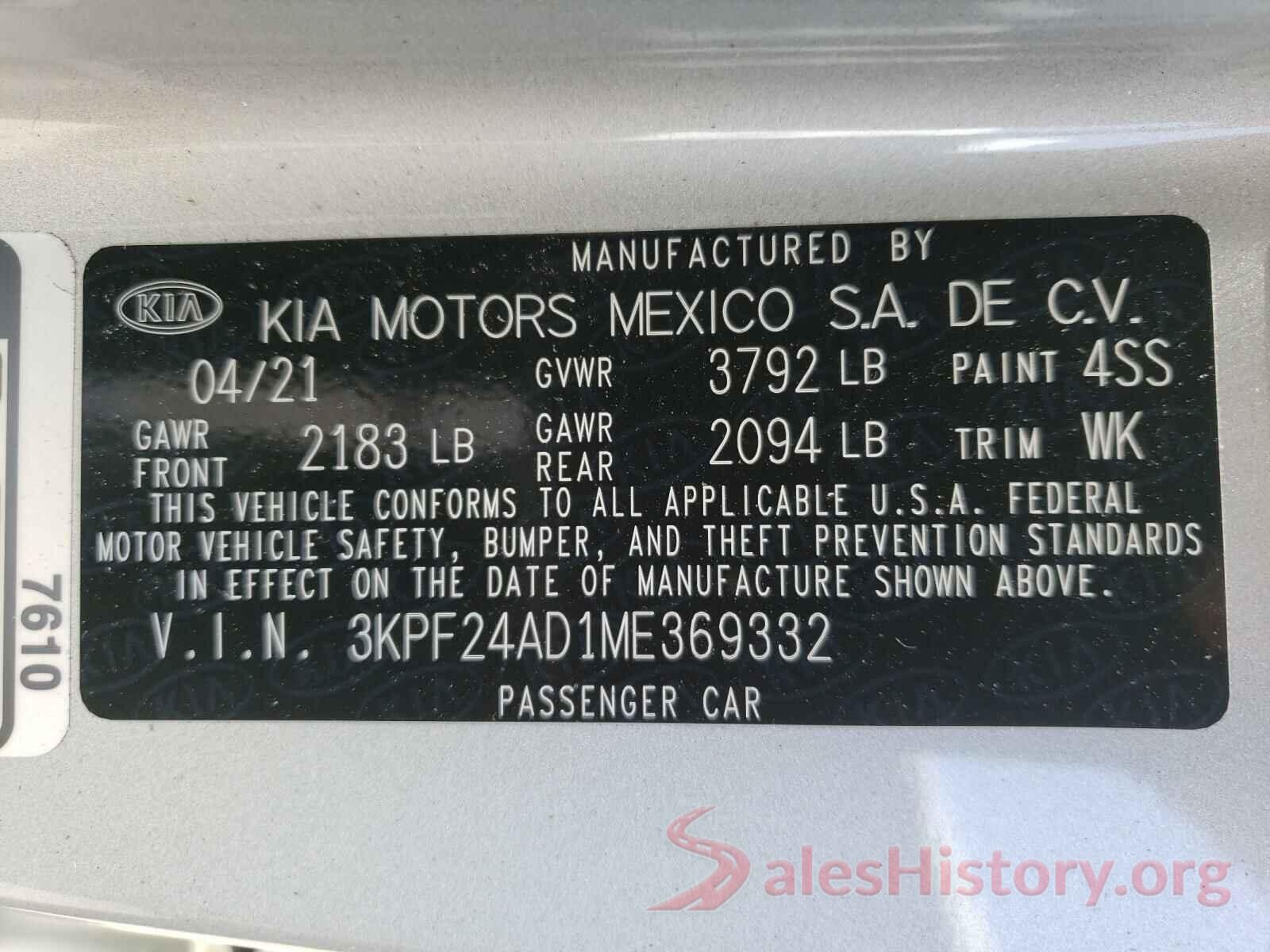 3KPF24AD1ME369332 2021 KIA FORTE