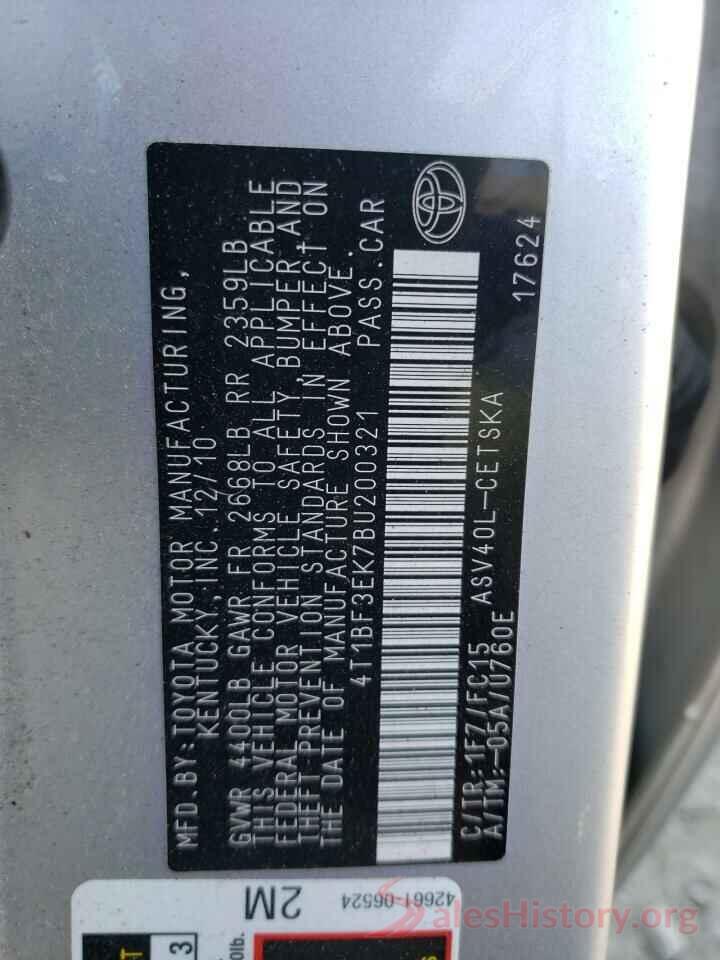 4T1BF3EK7BU200321 2011 TOYOTA CAMRY