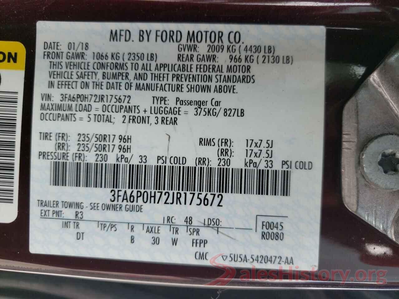 3FA6P0H72JR175672 2018 FORD FUSION