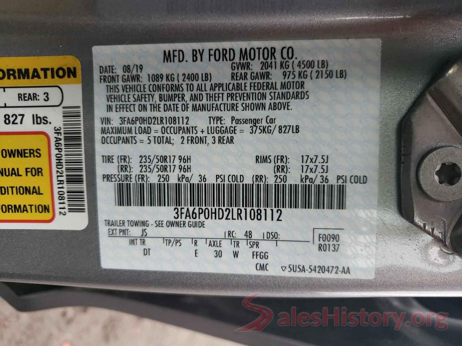 3FA6P0HD2LR108112 2020 FORD FUSION