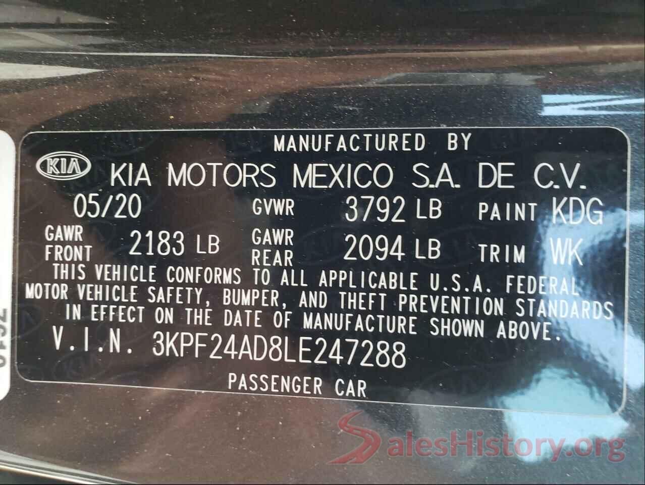 3KPF24AD8LE247288 2020 KIA FORTE