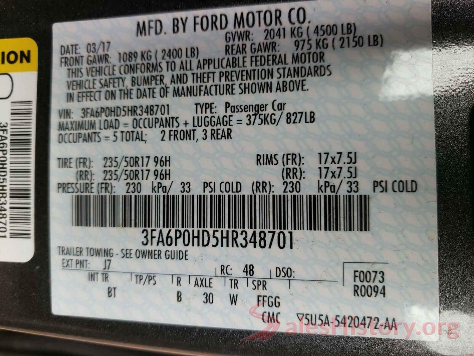 3FA6P0HD5HR348701 2017 FORD FUSION