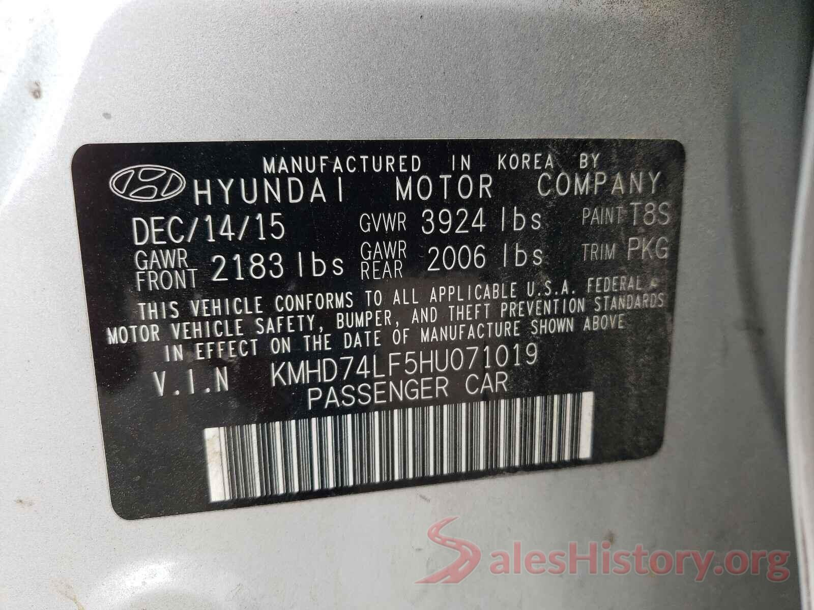 KMHD74LF5HU071019 2017 HYUNDAI ELANTRA