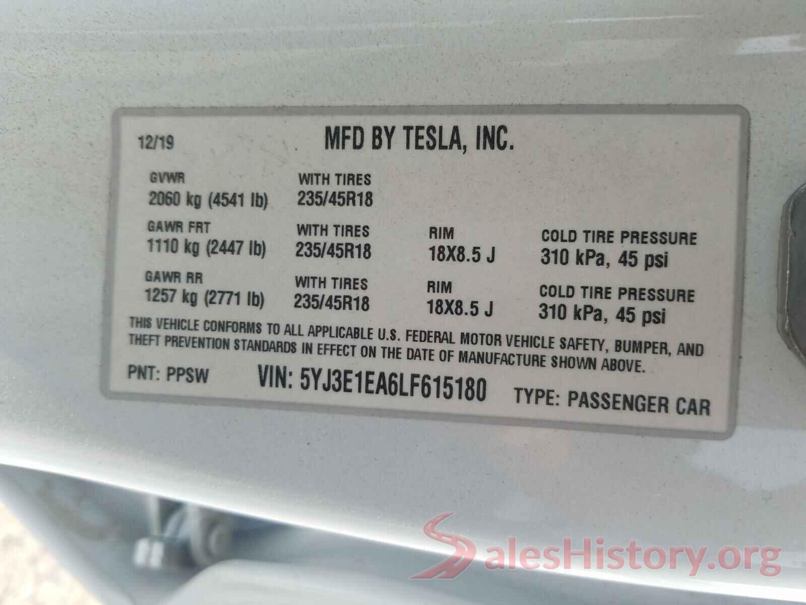 5YJ3E1EA6LF615180 2020 TESLA MODEL 3