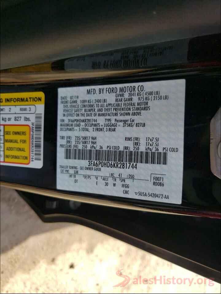 3FA6P0HD6KR281744 2019 FORD FUSION