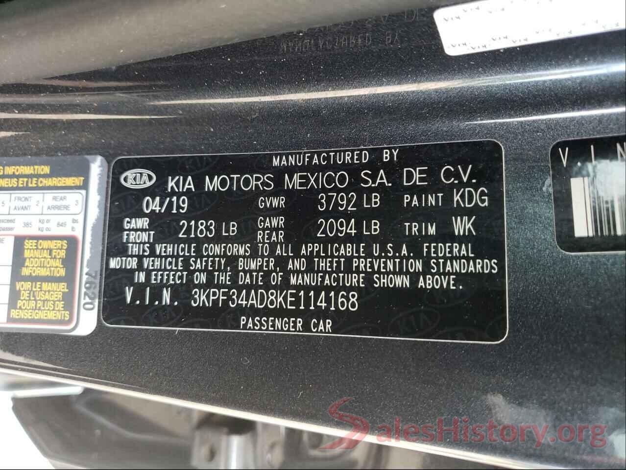 3KPF34AD8KE114168 2019 KIA FORTE