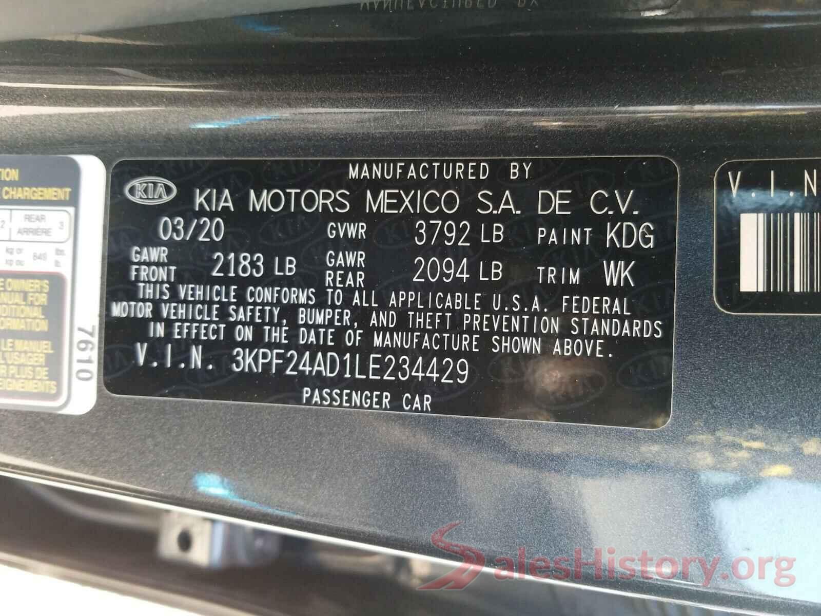 3KPF24AD1LE234429 2020 KIA FORTE