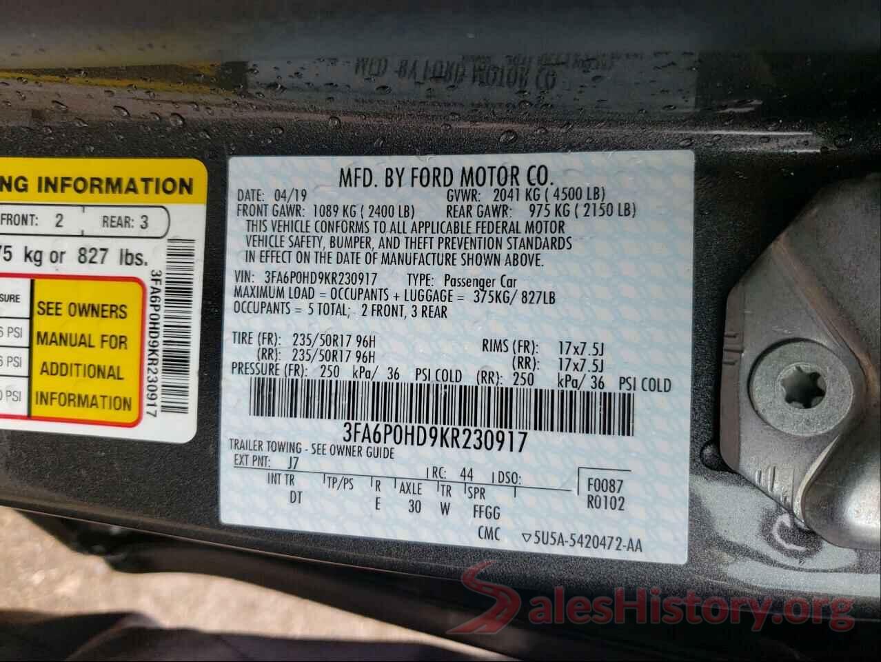 3FA6P0HD9KR230917 2019 FORD FUSION