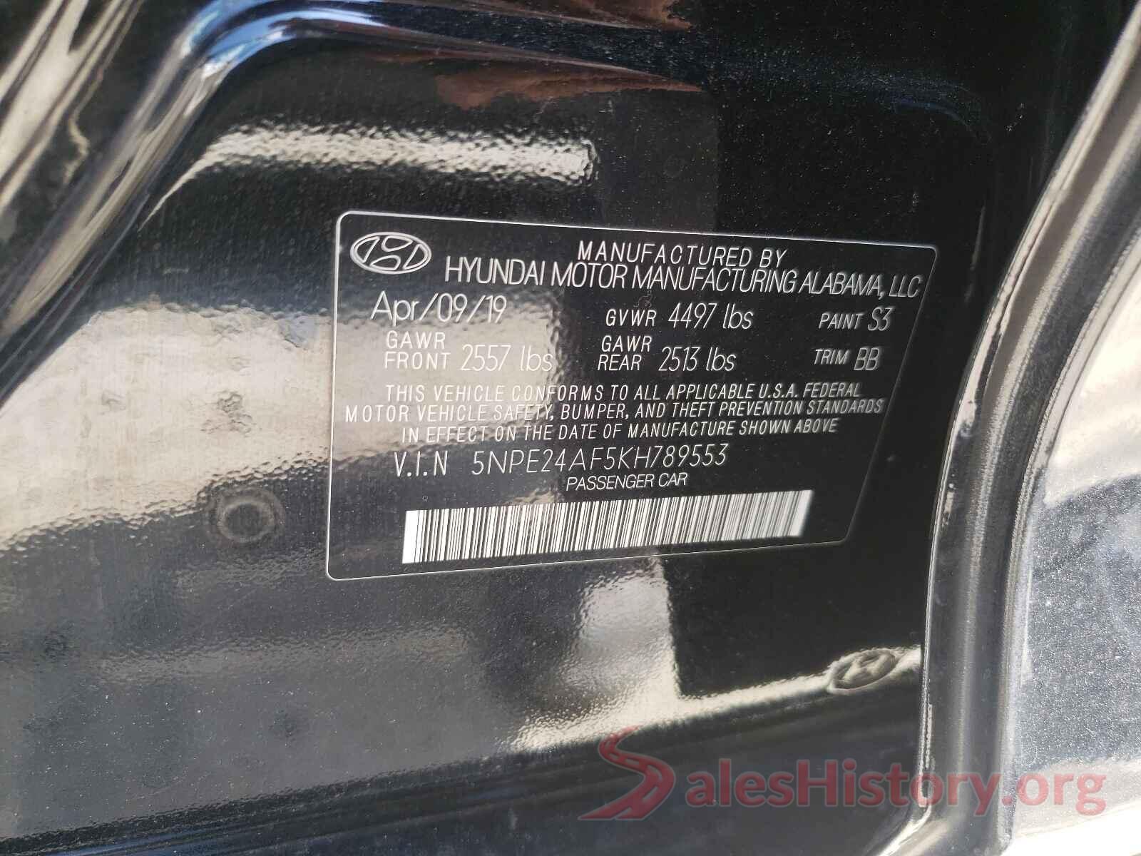 5NPE24AF5KH789553 2019 HYUNDAI SONATA