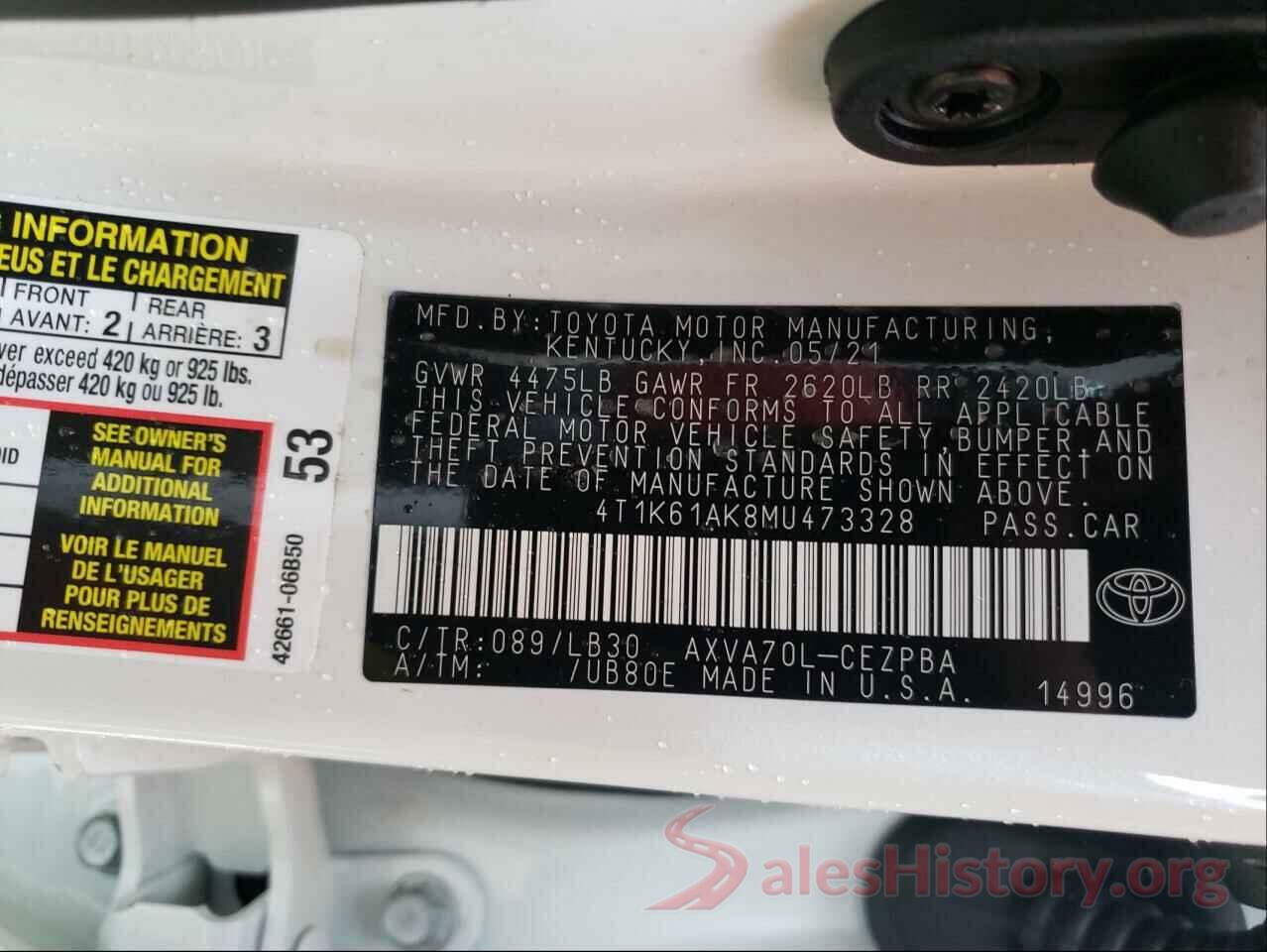 4T1K61AK8MU473328 2021 TOYOTA CAMRY