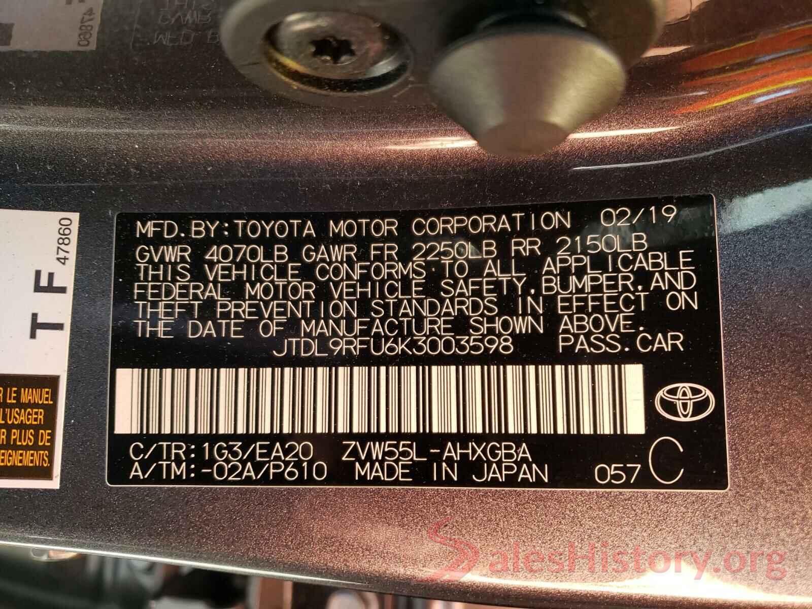 JTDL9RFU6K3003598 2019 TOYOTA PRIUS