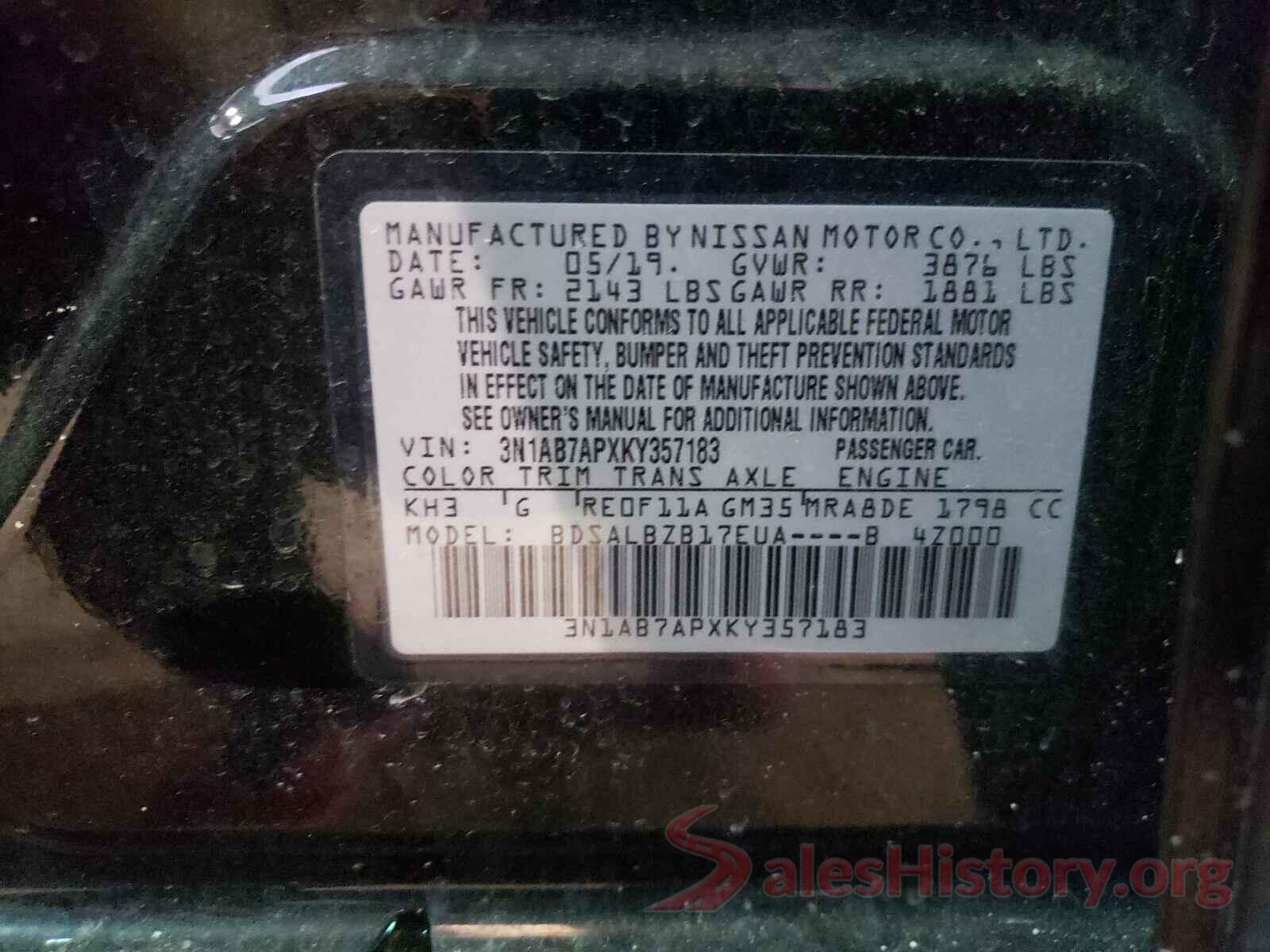 3N1AB7APXKY357183 2019 NISSAN SENTRA