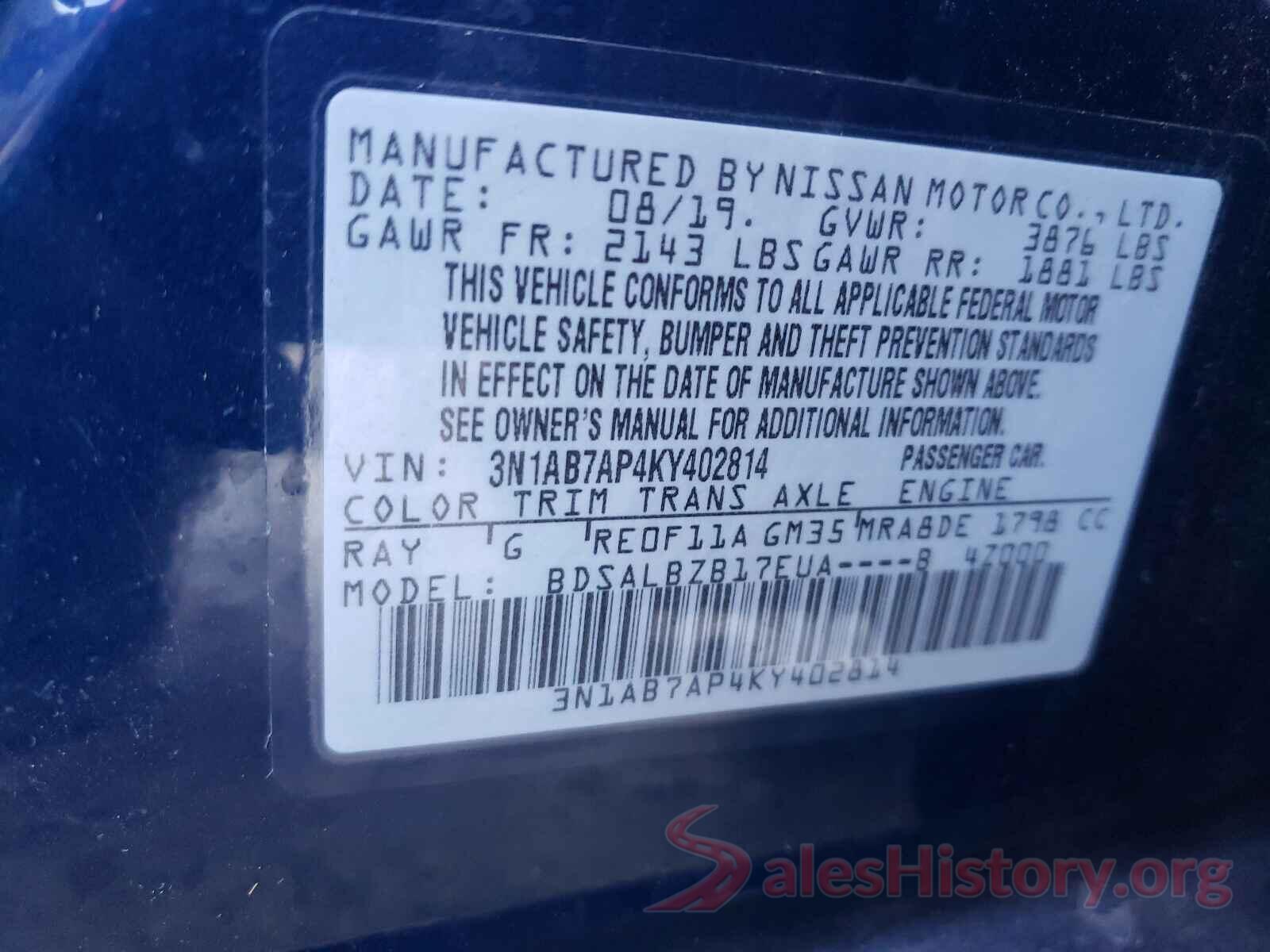 3N1AB7AP4KY402814 2019 NISSAN SENTRA