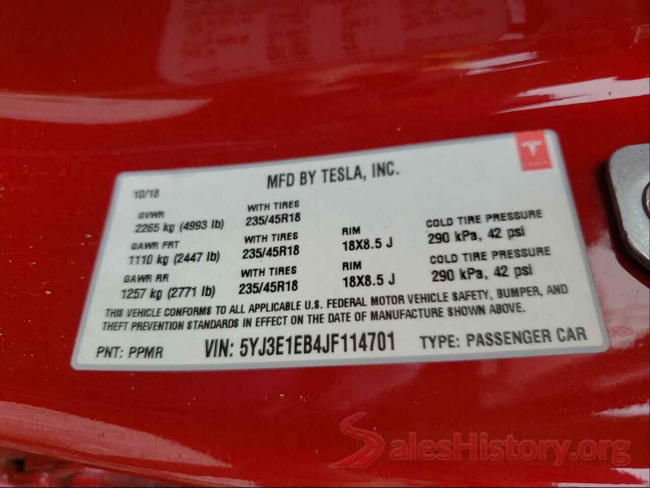 5YJ3E1EB4JF114701 2018 TESLA MODEL 3