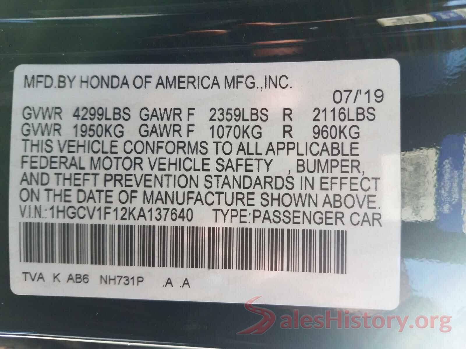 1HGCV1F12KA137640 2019 HONDA ACCORD