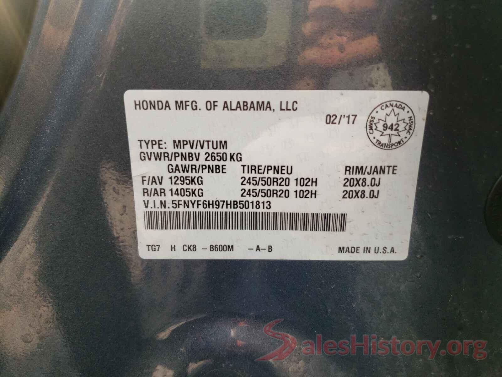 5FNYF6H97HB501813 2017 HONDA PILOT