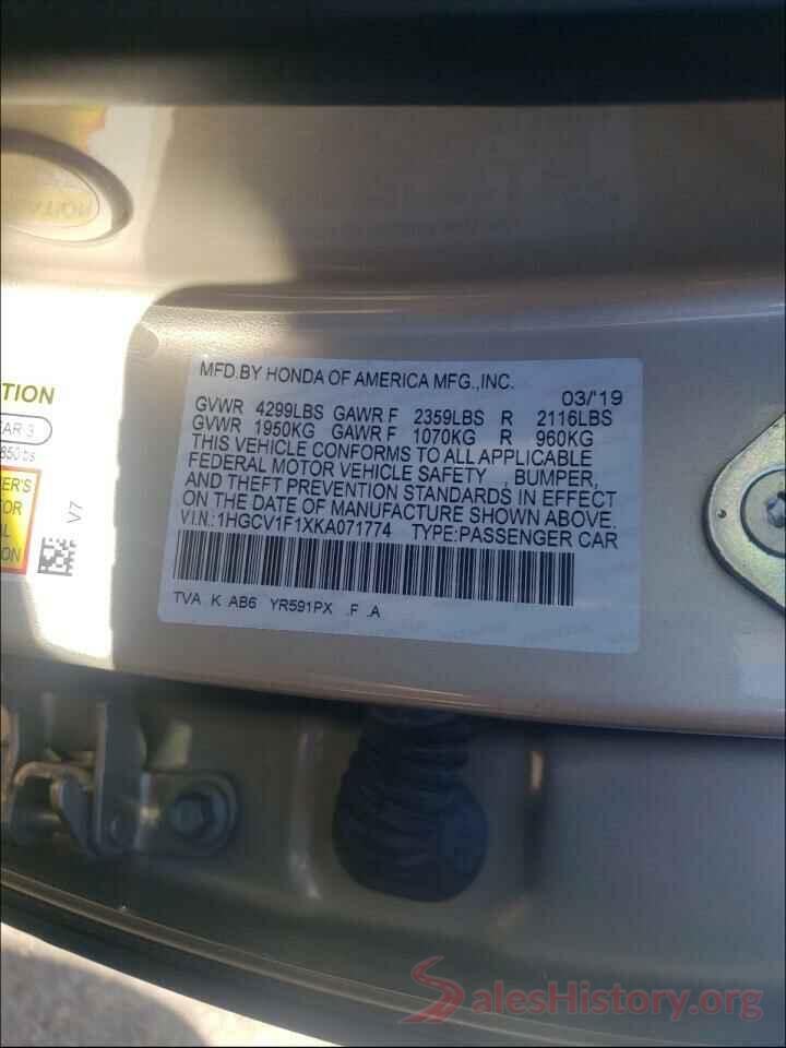 1HGCV1F1XKA071774 2019 HONDA ACCORD