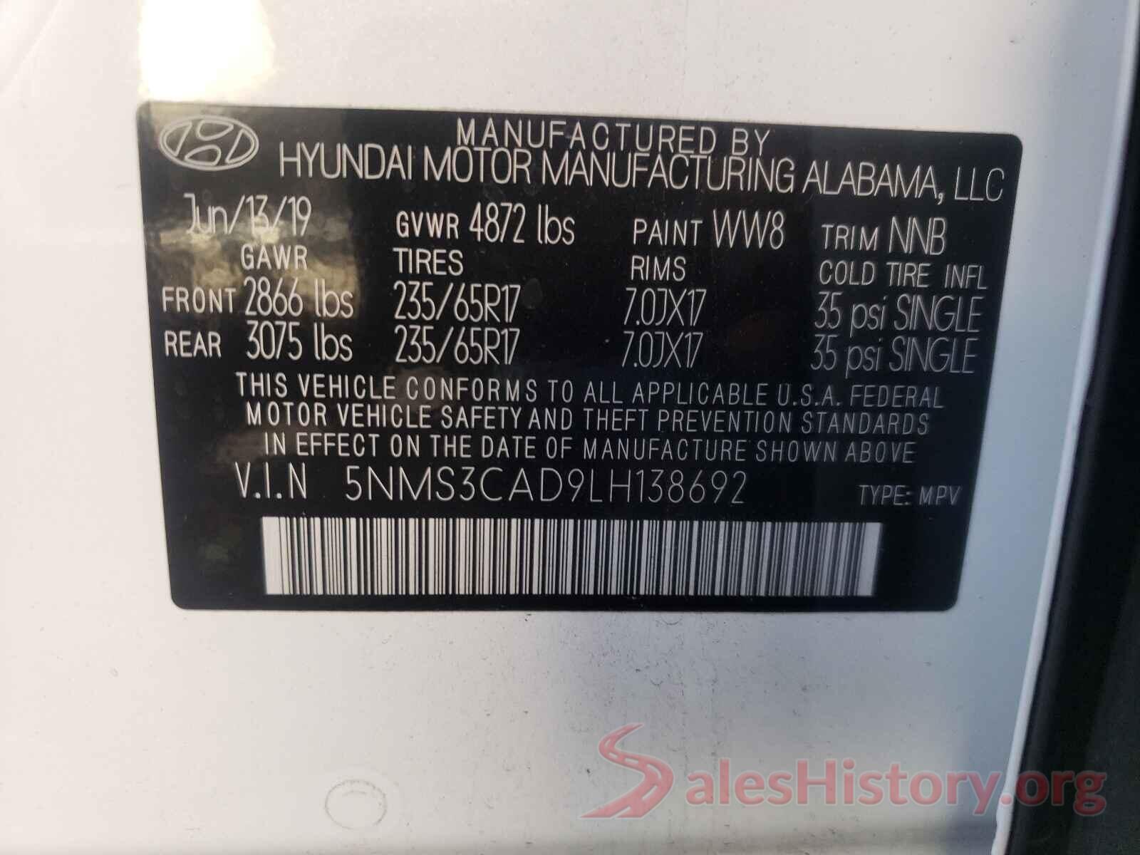 5NMS3CAD9LH138692 2020 HYUNDAI SANTA FE