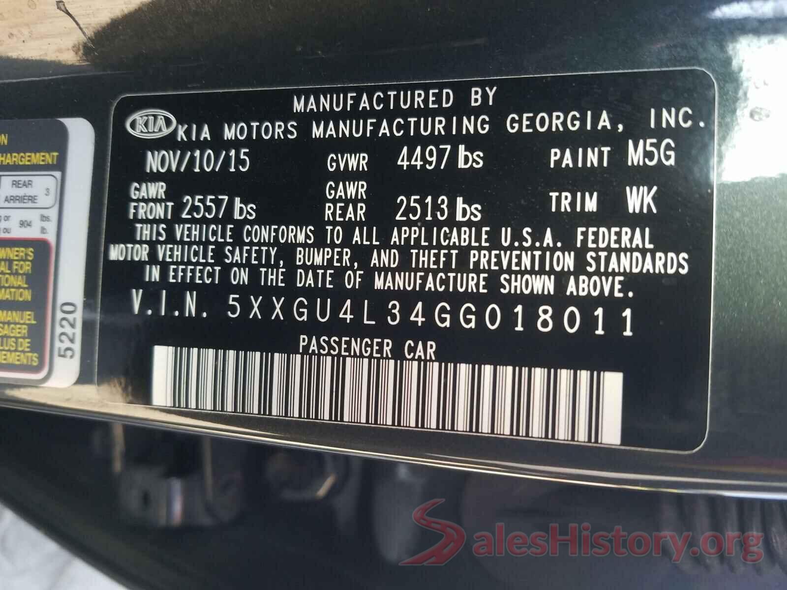 5XXGU4L34GG018011 2016 KIA OPTIMA