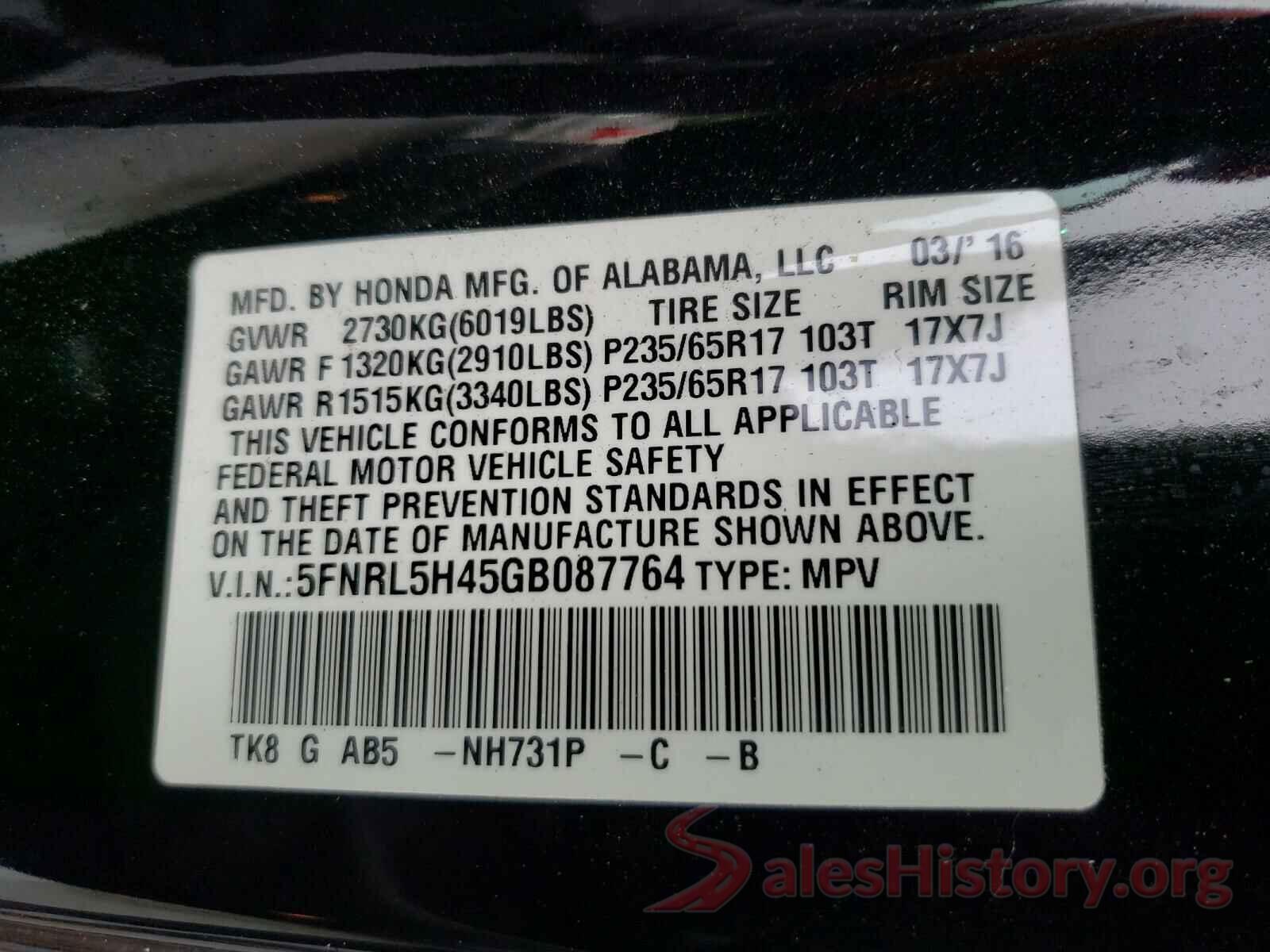 5FNRL5H45GB087764 2016 HONDA ODYSSEY