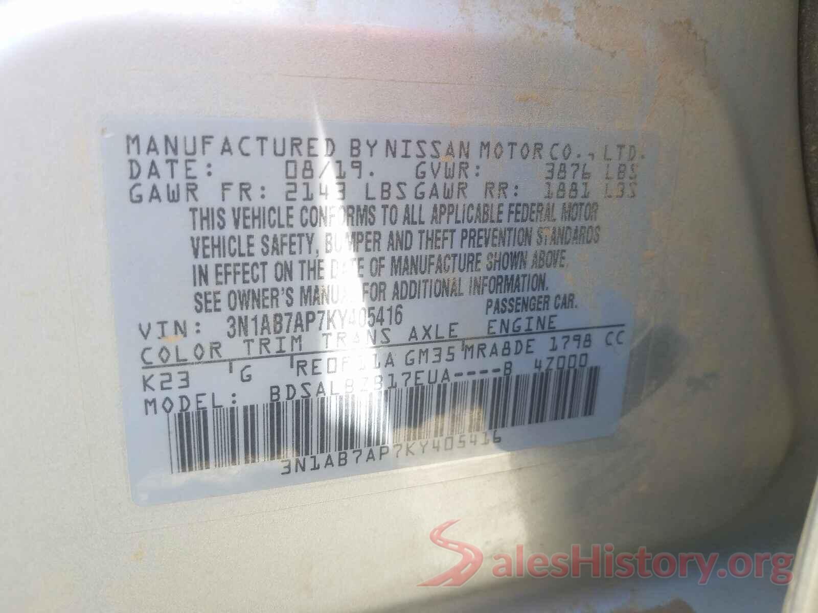 3N1AB7AP7KY405416 2019 NISSAN SENTRA