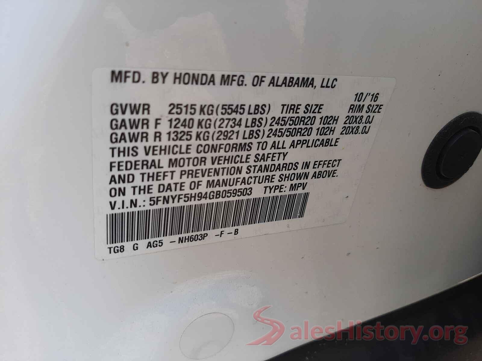 5FNYF5H94GB059503 2016 HONDA PILOT