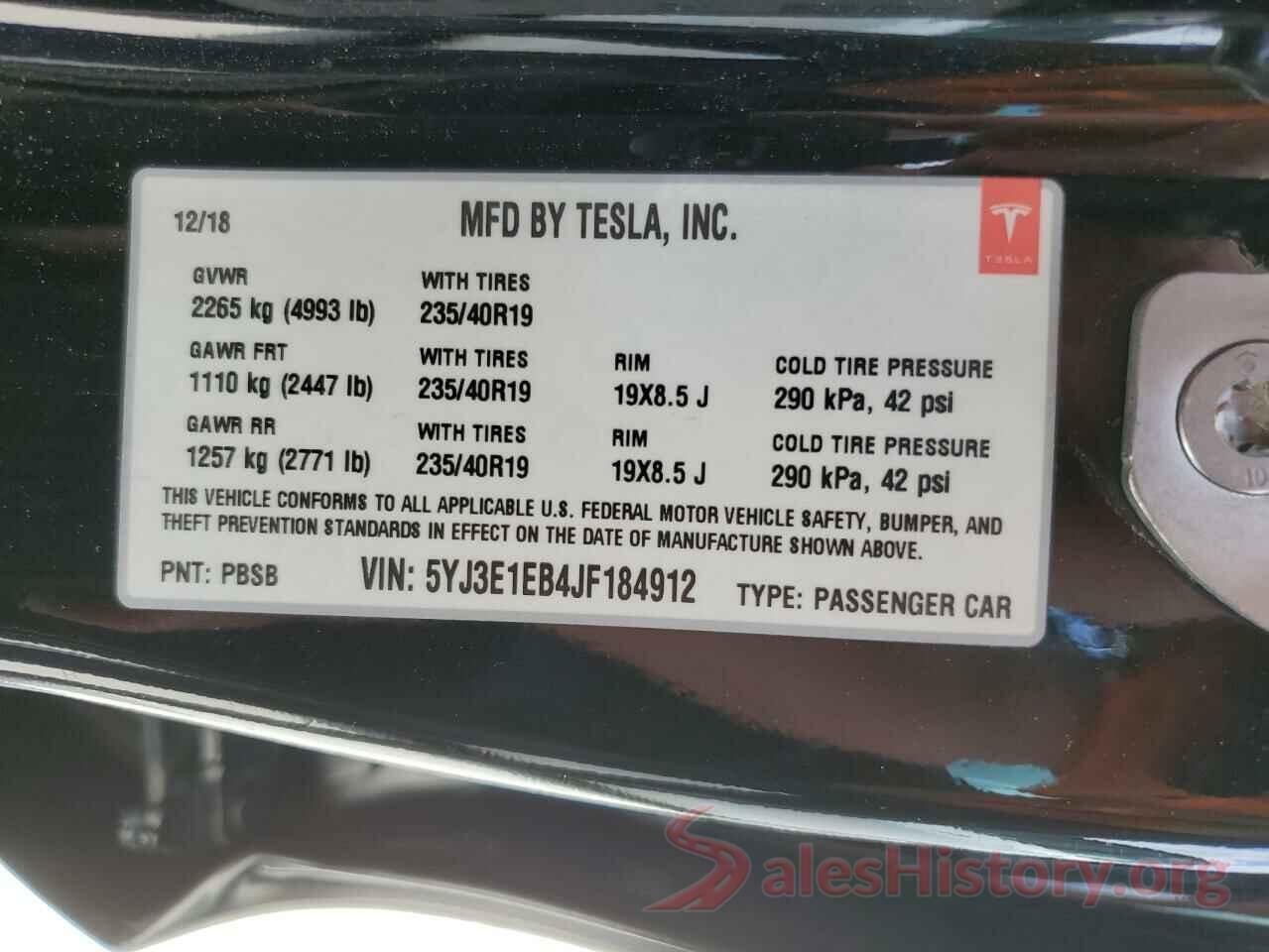 5YJ3E1EB4JF184912 2018 TESLA MODEL 3