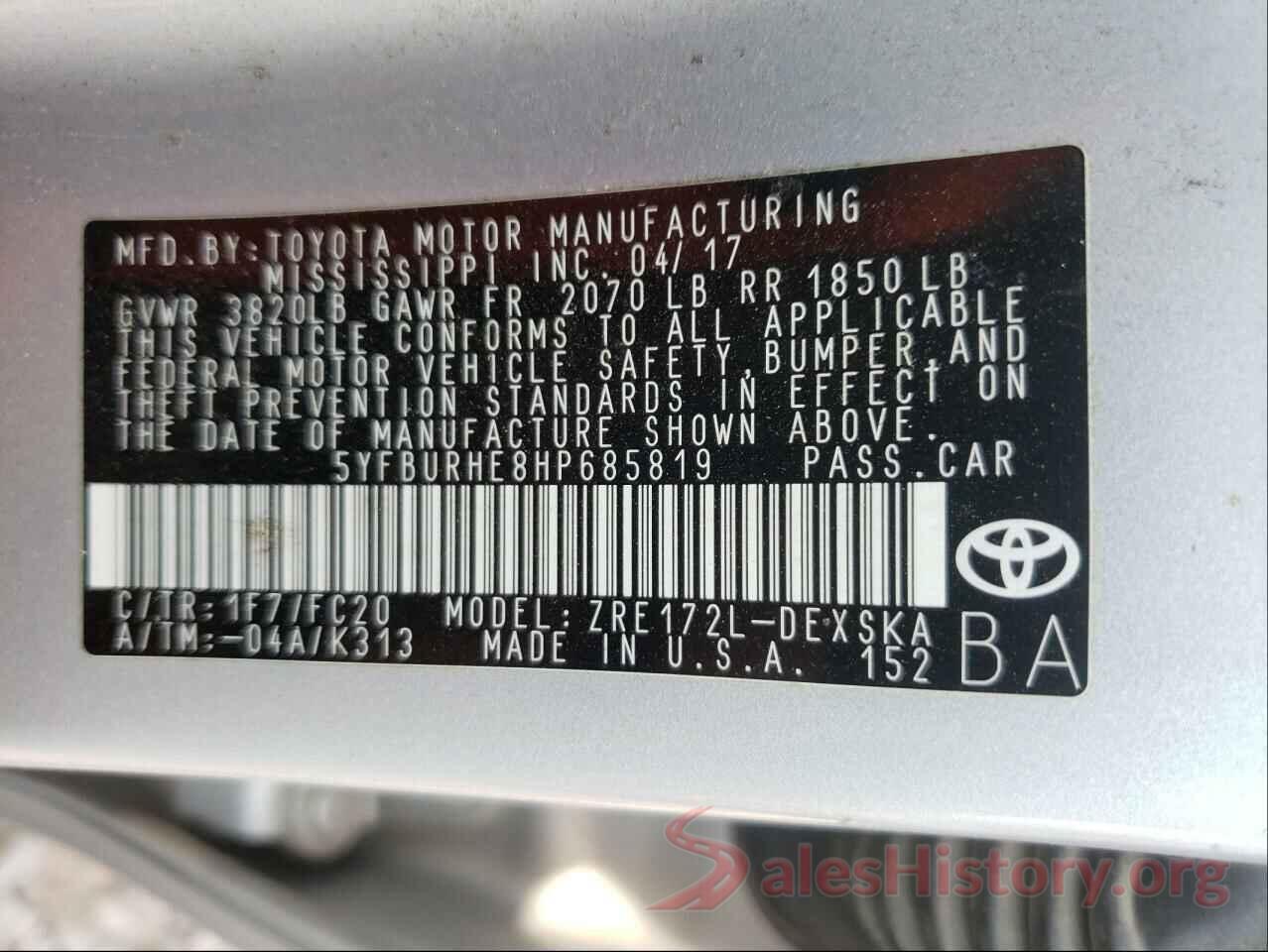 5YFBURHE8HP685819 2017 TOYOTA COROLLA