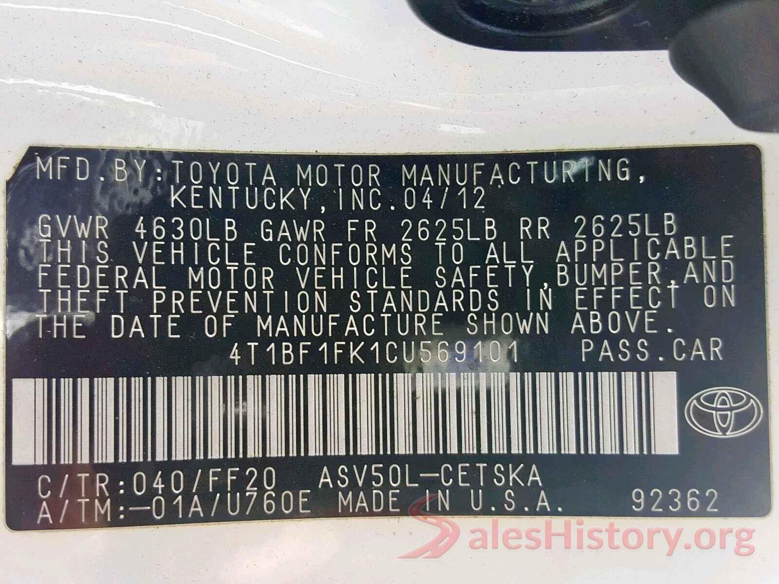 4T1BF1FK1CU569101 2012 TOYOTA CAMRY BASE