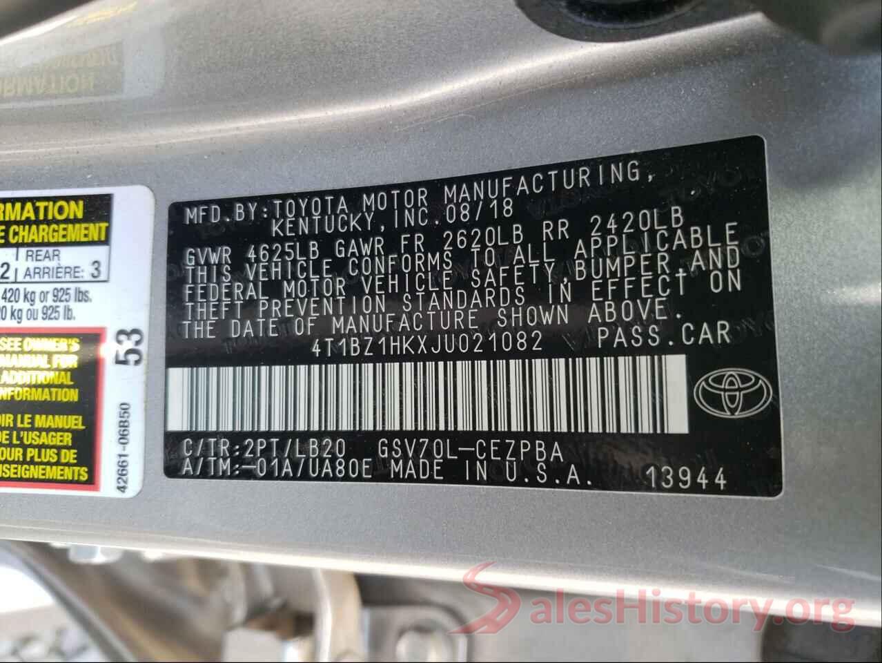 4T1BZ1HKXJU021082 2018 TOYOTA CAMRY