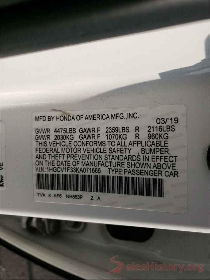 1HGCV1F33KA071665 2019 HONDA ACCORD