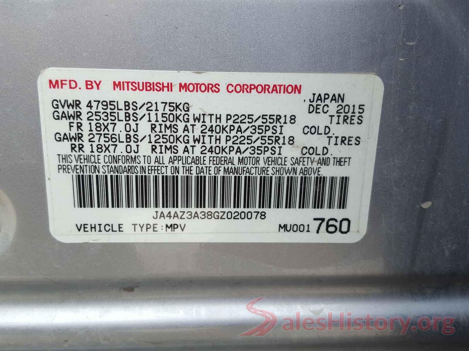 JA4AZ3A38GZ020078 2016 MITSUBISHI OUTLANDER