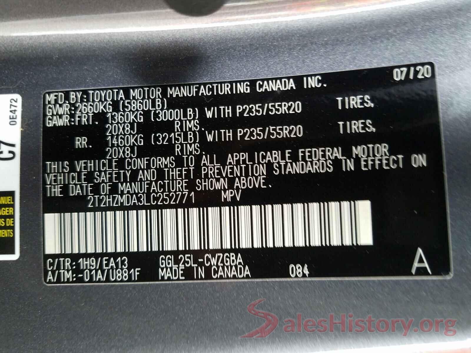 2T2HZMDA3LC252771 2020 LEXUS RX350