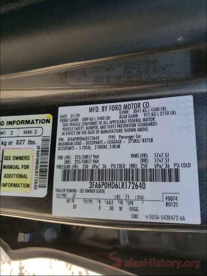 3FA6P0HD6LR172640 2020 FORD FUSION