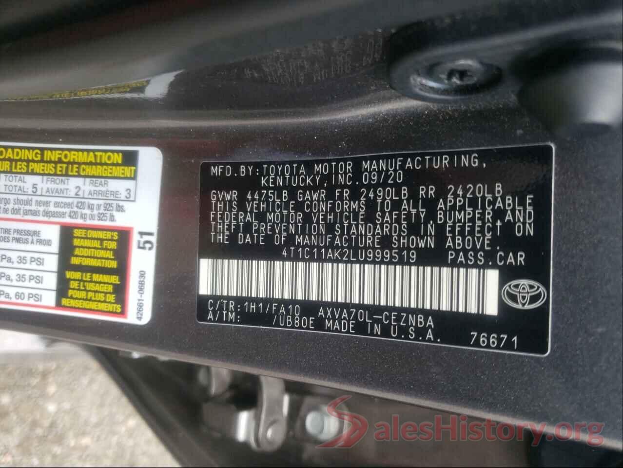 4T1C11AK2LU999519 2020 TOYOTA CAMRY