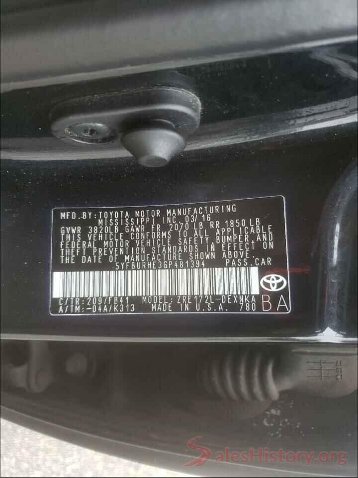 5YFBURHE3GP481394 2016 TOYOTA COROLLA