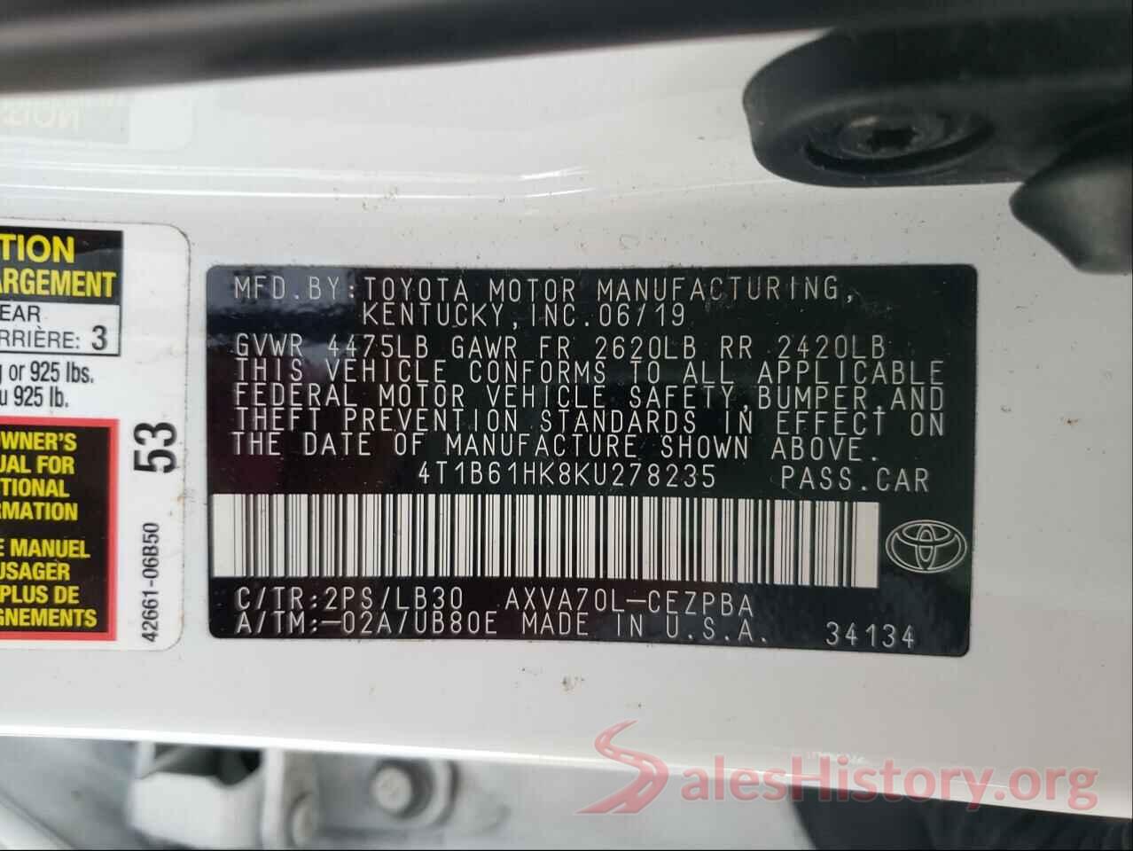 4T1B61HK8KU278235 2019 TOYOTA CAMRY