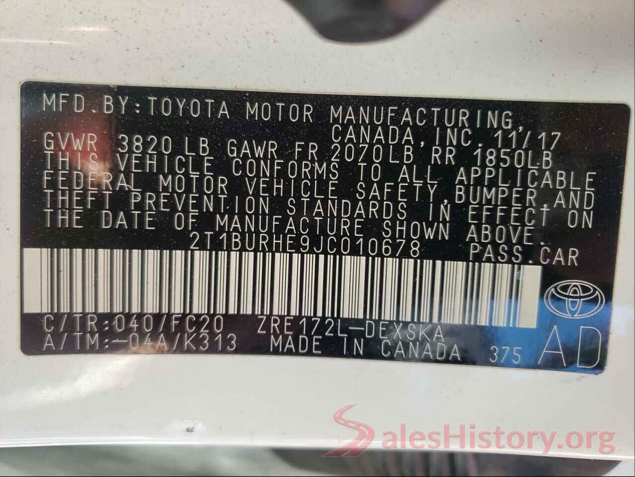 2T1BURHE9JC010678 2018 TOYOTA COROLLA