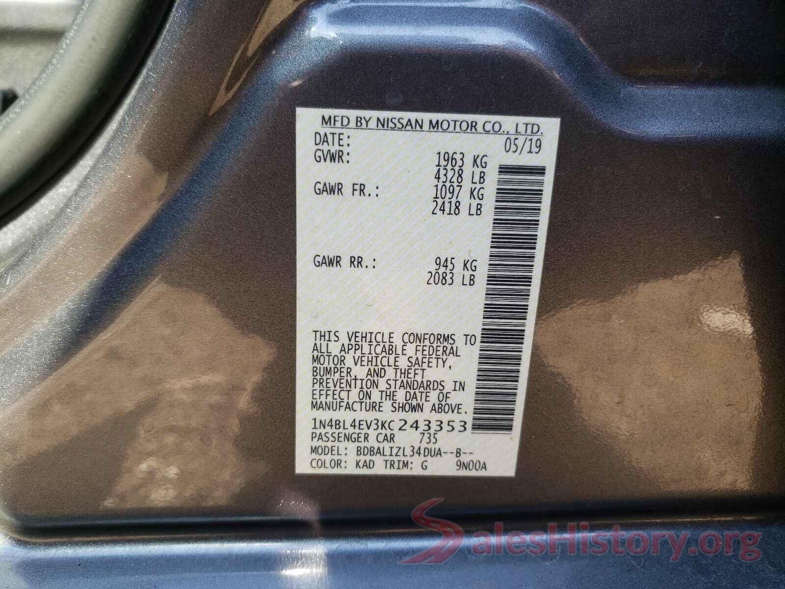 1N4BL4EV3KC243353 2019 NISSAN ALTIMA