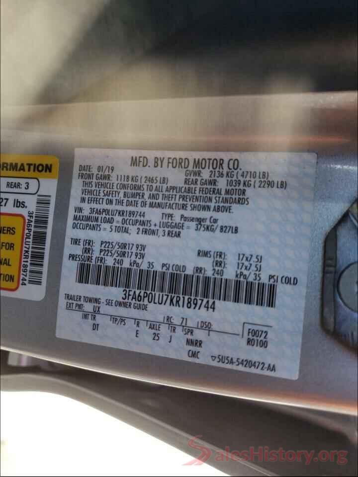 3FA6P0LU7KR189744 2019 FORD FUSION