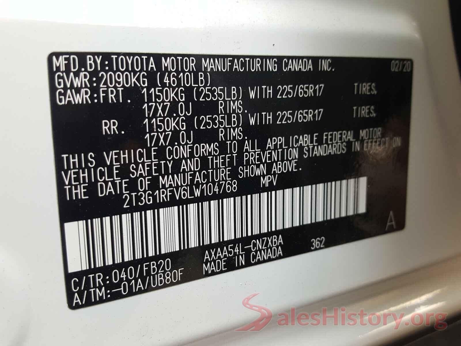 2T3G1RFV6LW104768 2020 TOYOTA RAV4