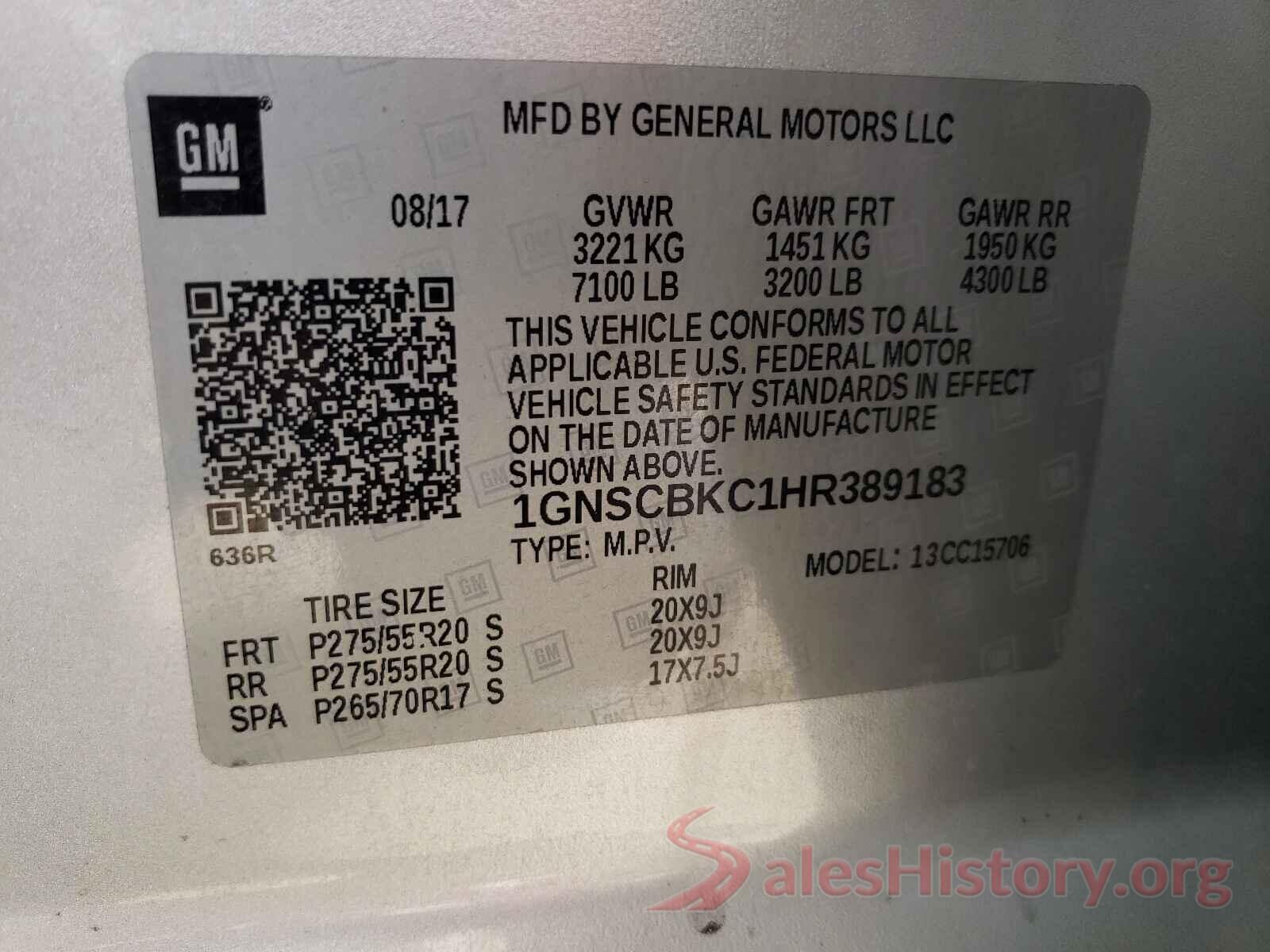 1GNSCBKC1HR389183 2017 CHEVROLET TAHOE