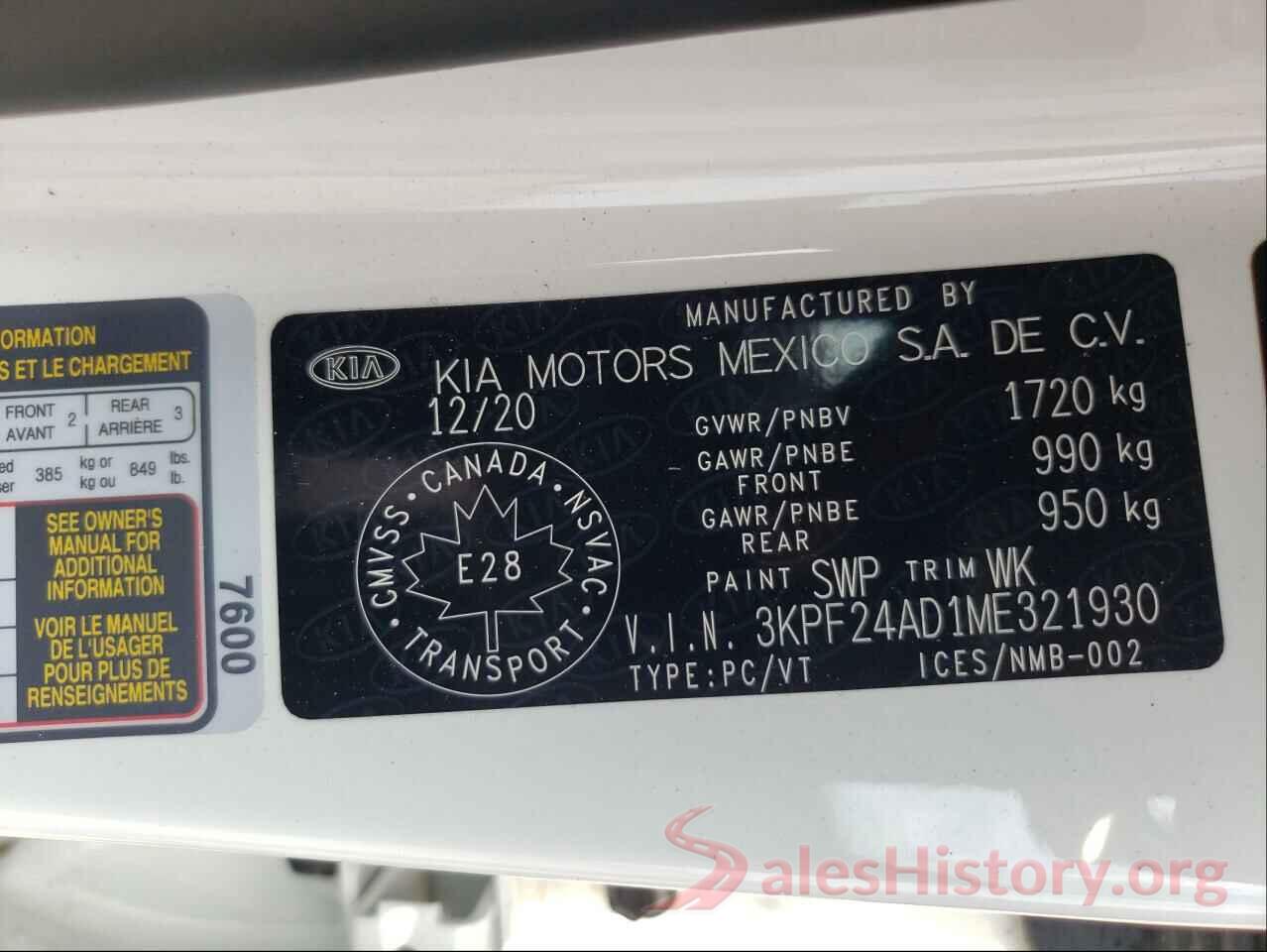 3KPF24AD1ME321930 2021 KIA FORTE