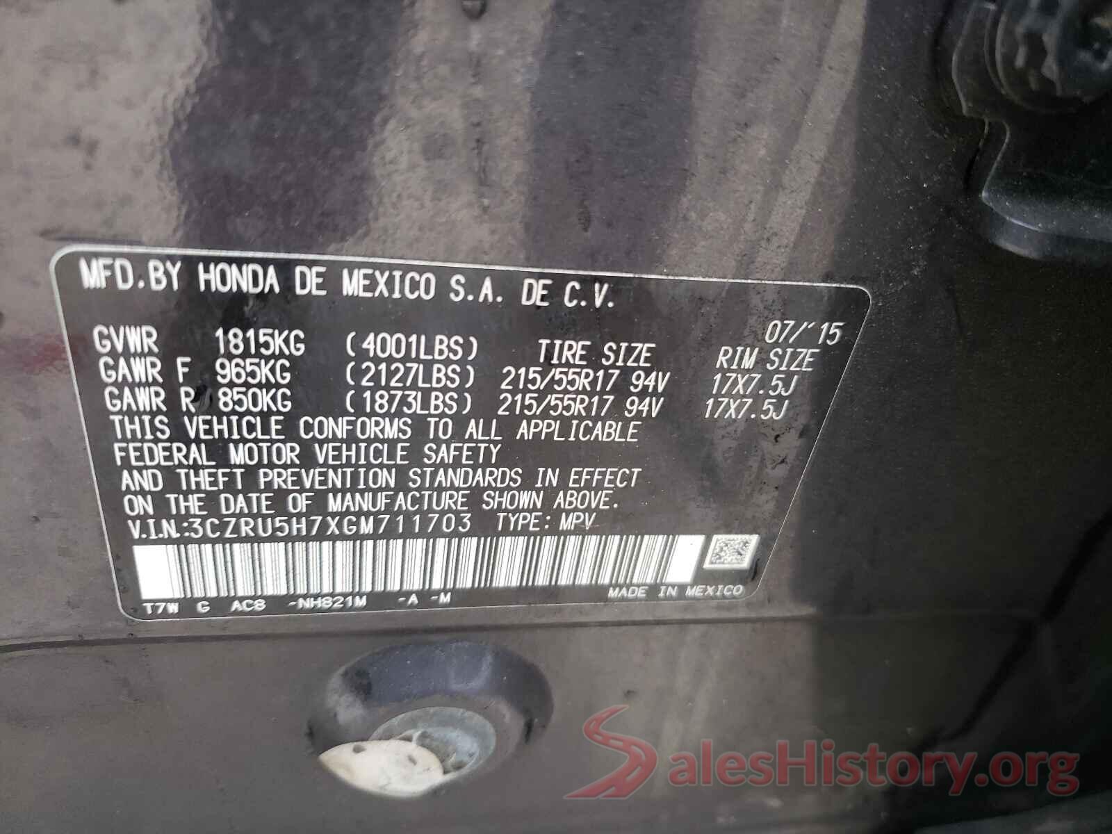 3CZRU5H7XGM711703 2016 HONDA HR-V