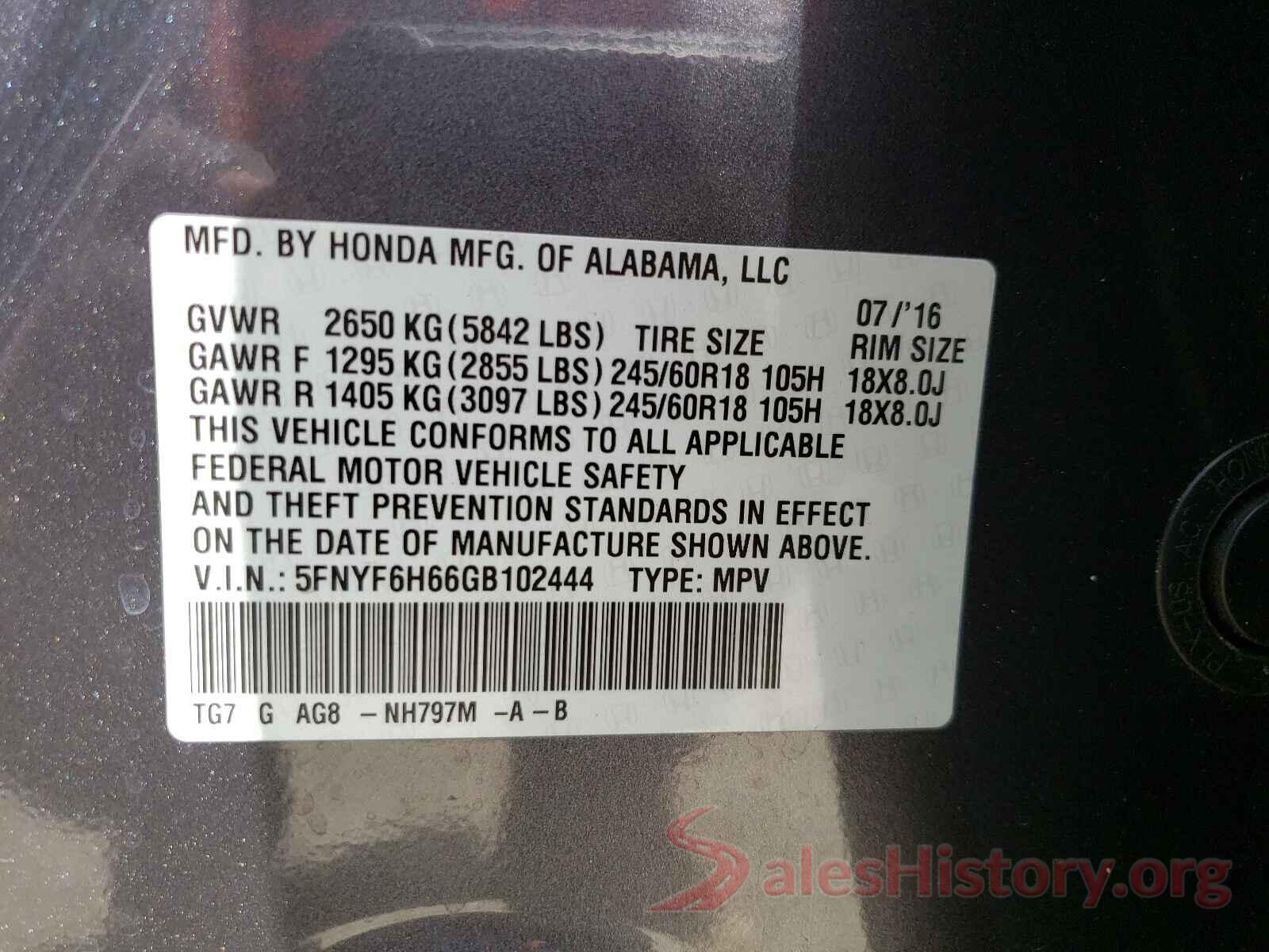 5FNYF6H66GB102444 2016 HONDA PILOT