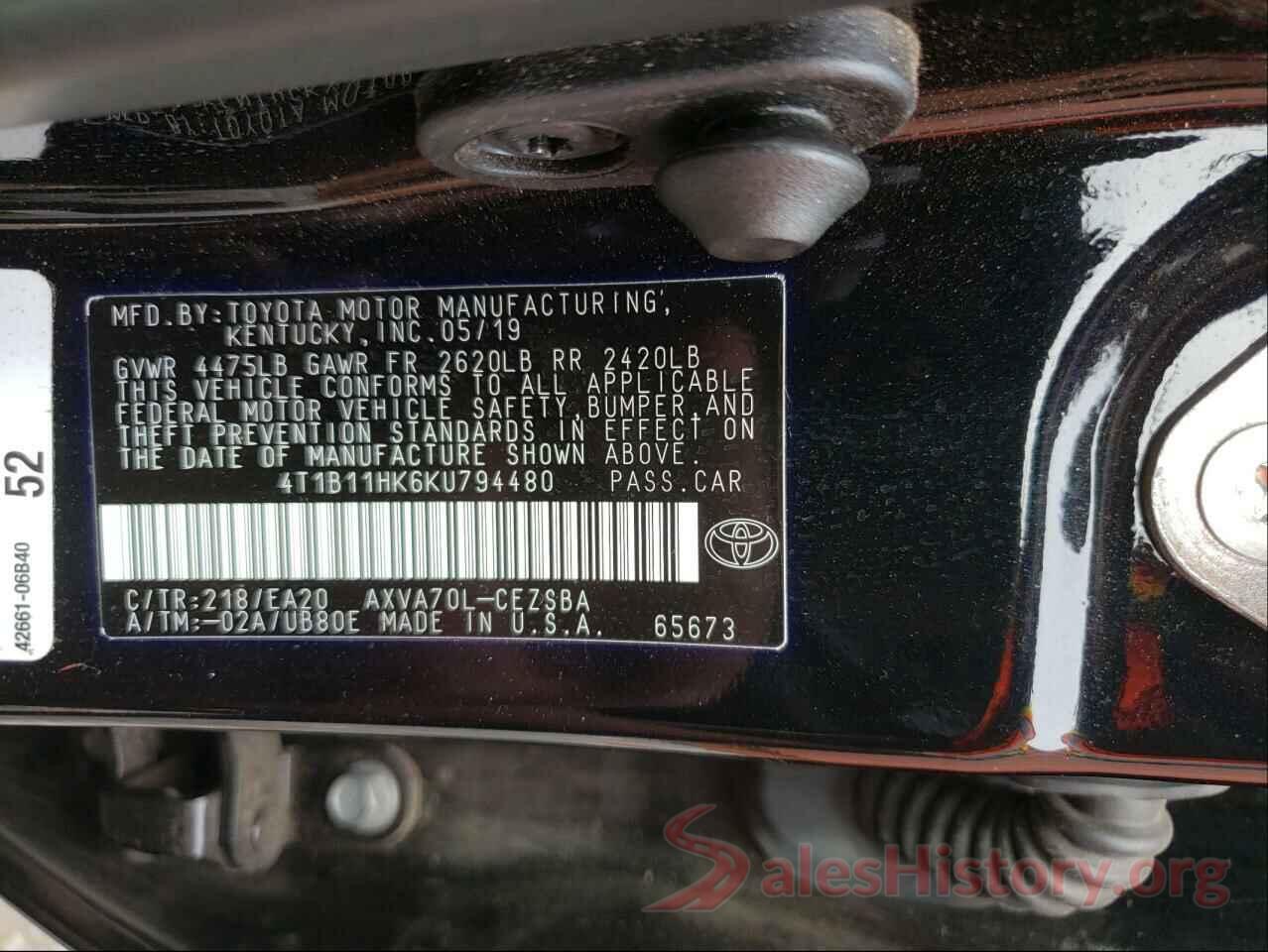 4T1B11HK6KU794480 2019 TOYOTA CAMRY