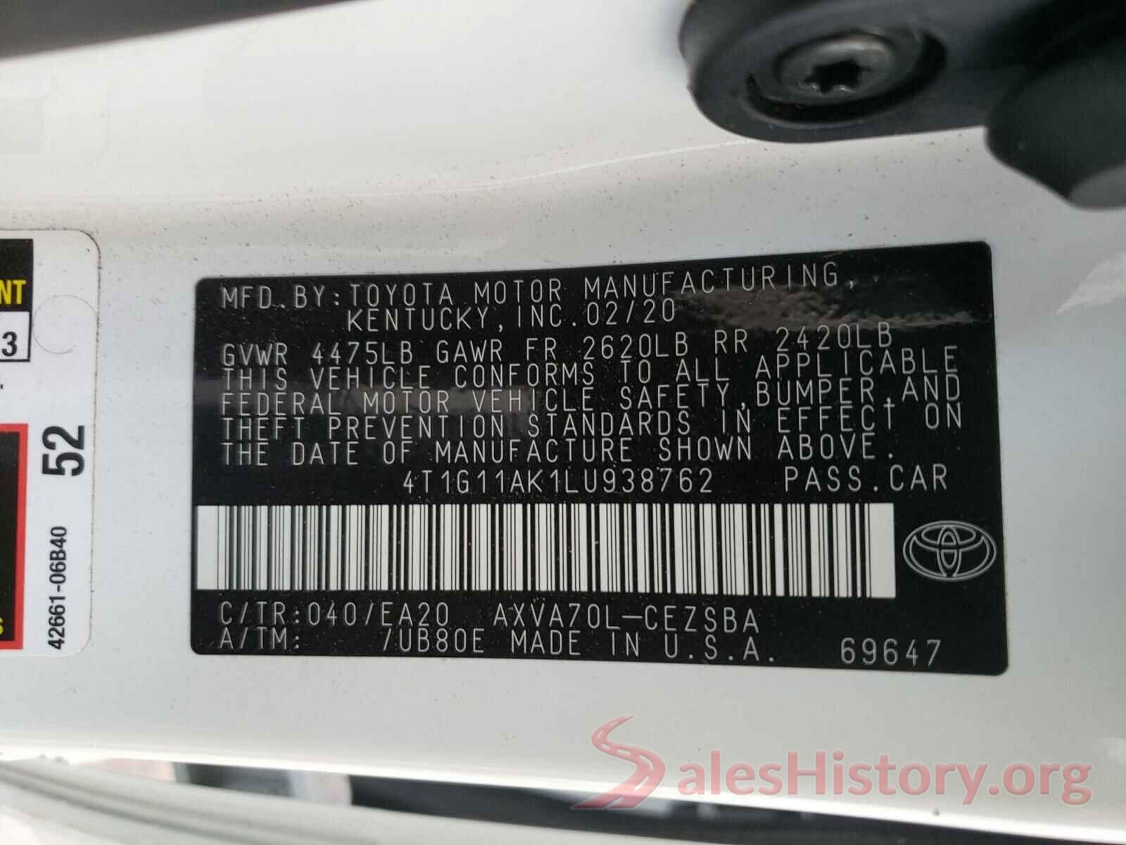 4T1G11AK1LU938762 2020 TOYOTA CAMRY