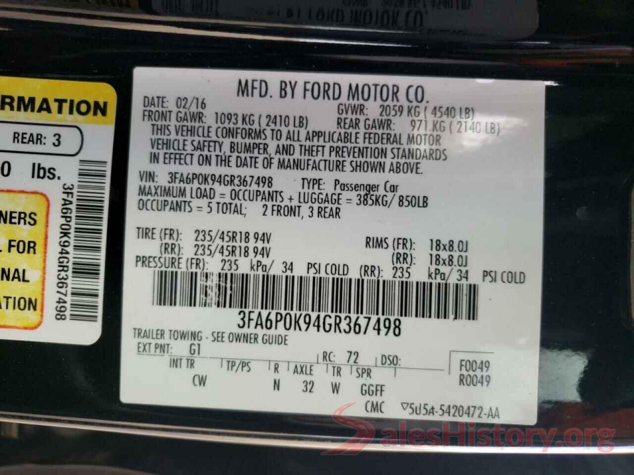 3FA6P0K94GR367498 2016 FORD FUSION