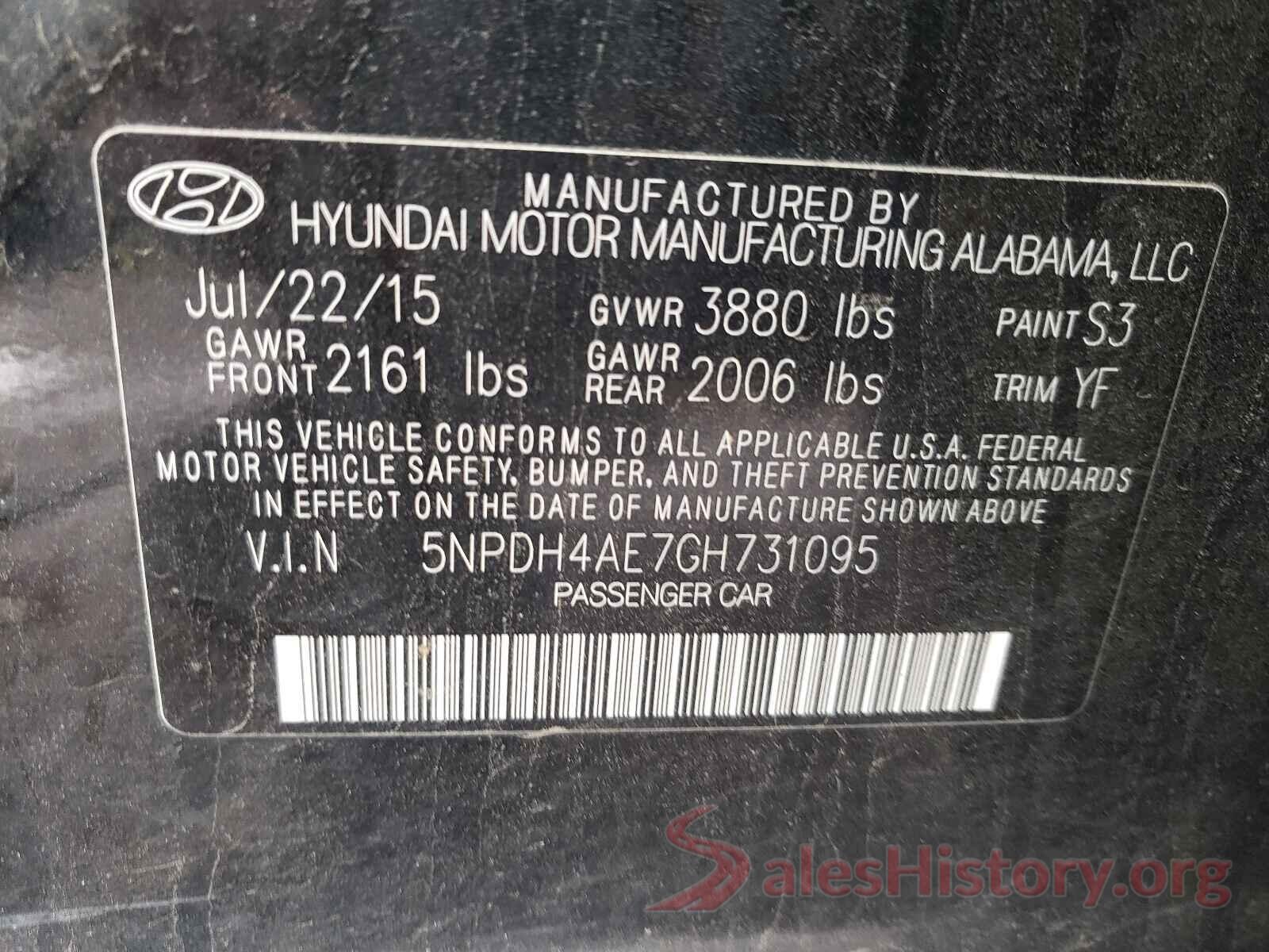 5NPDH4AE7GH731095 2016 HYUNDAI ELANTRA