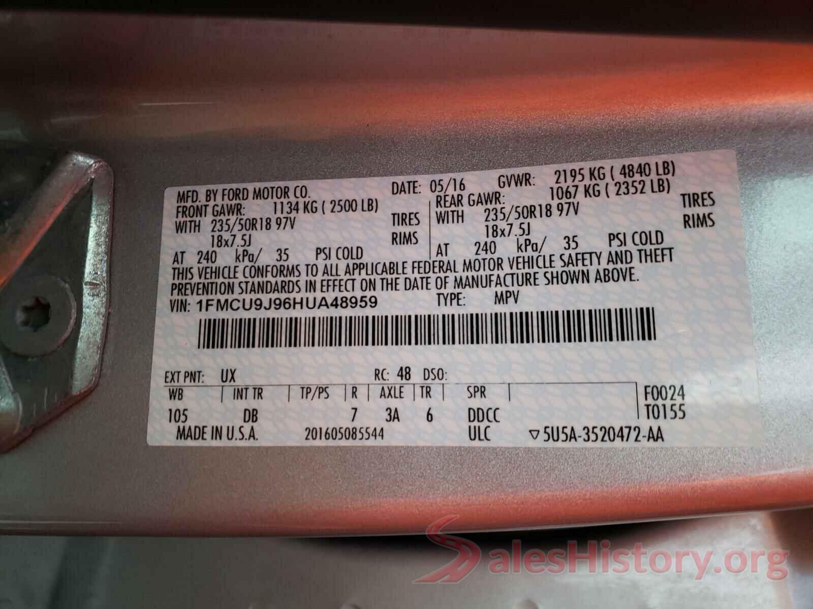 1FMCU9J96HUA48959 2017 FORD ESCAPE